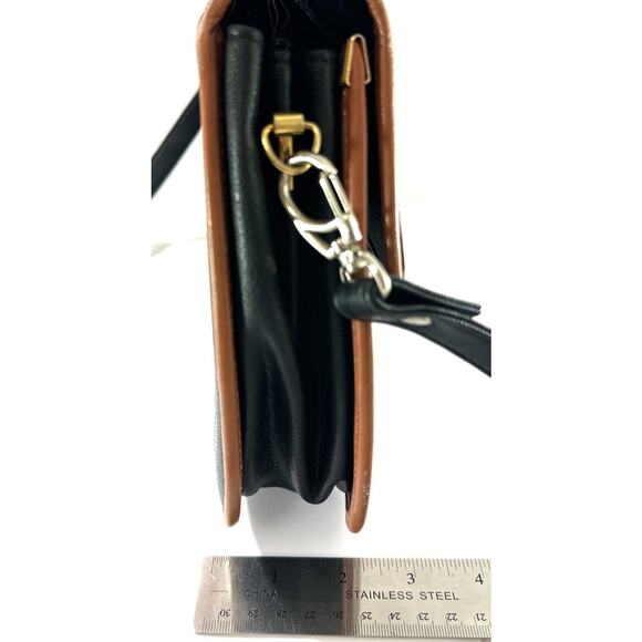 Vienti Black Faux Leather Satchel Bag Brown Trim Crossbody Shoulder Purse - Picture 4 of 8